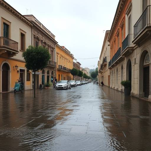 Immagine di una strada allagata a causa delle forti piogge in Sicilia