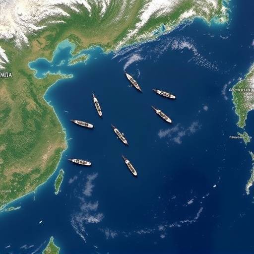 Immagine satellitare che mostra navi militari nel Mar Cinese Meridionale