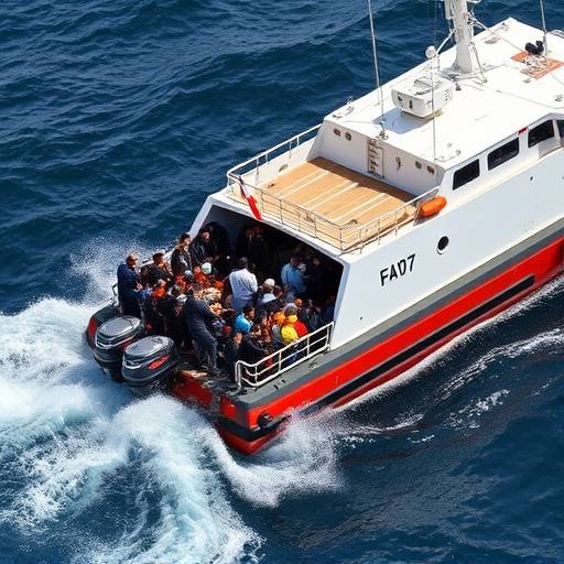 Persone migranti sbarcano da una nave della guardia costiera italiana.
